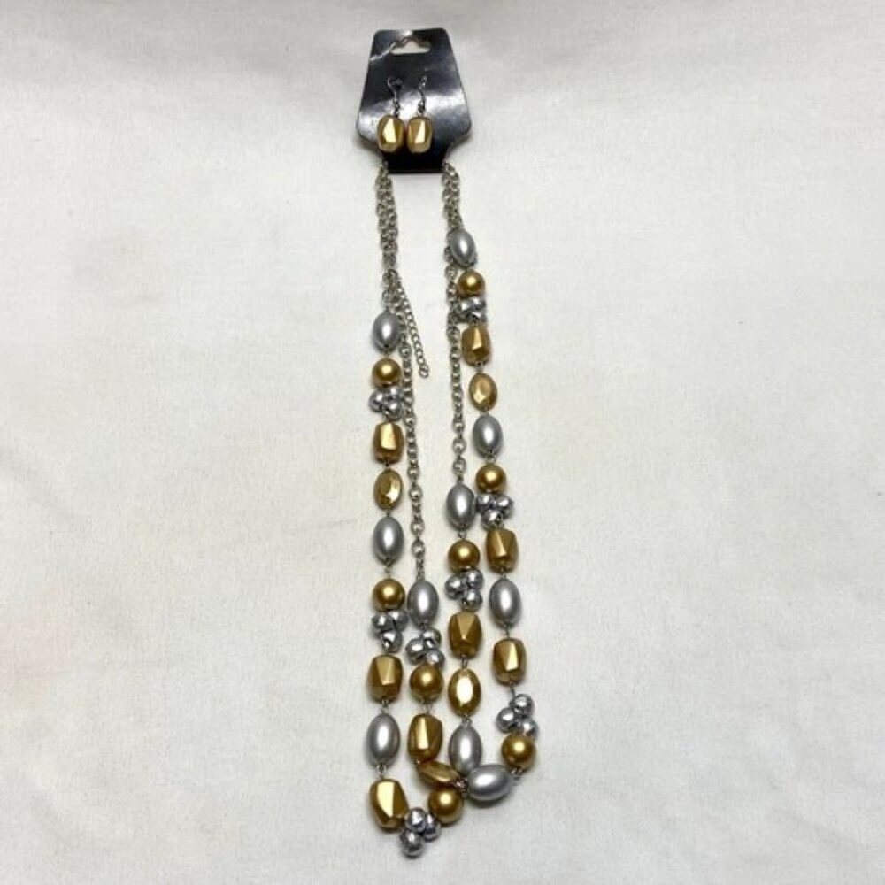 Beaded Necklace & Earrings Set‎ Large Gold & Silver Painted Fashion Jewelry NWT